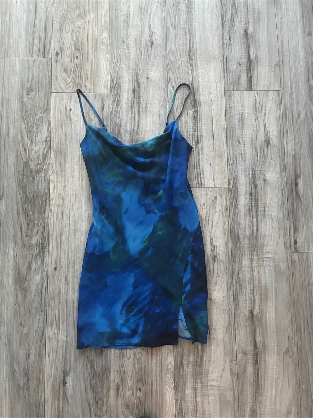 Dynamite Blue Marble Cowl Slip Mini Dress